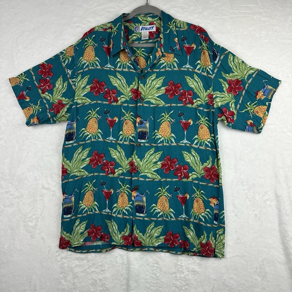 Utility Mens‎ Hawaiian Shirt Size L Pineapple Cocktail Floral Tropical